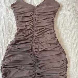 Chic Ruched Tan Mini Dress
